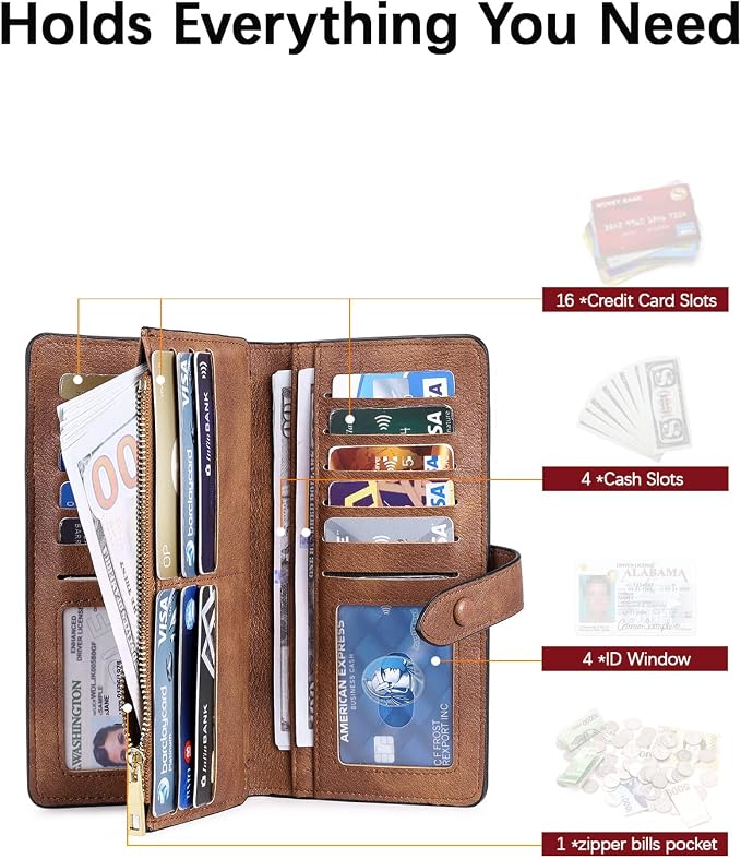 BOSTANTEN Womens Leather Wallet RFID Large Capacity Credit Card Holder | 4 ID Windows, 16 Card Slots, Zipper Coin Pocket, Clutch Wallet, Long Bifold, Ladies Gifts, Grey Brown - Image 3