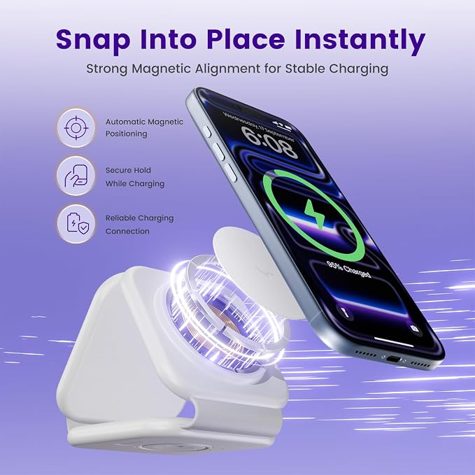 15W Magnetic Travel Charging Station, 3-in-1 Foldable MagSafe Charger | Wireless Charger for Apple Multiple Devices - iPhone Air 17 16 15 14 13 12 Pro Max, Watch & AirPods - Grayish White - Image 5