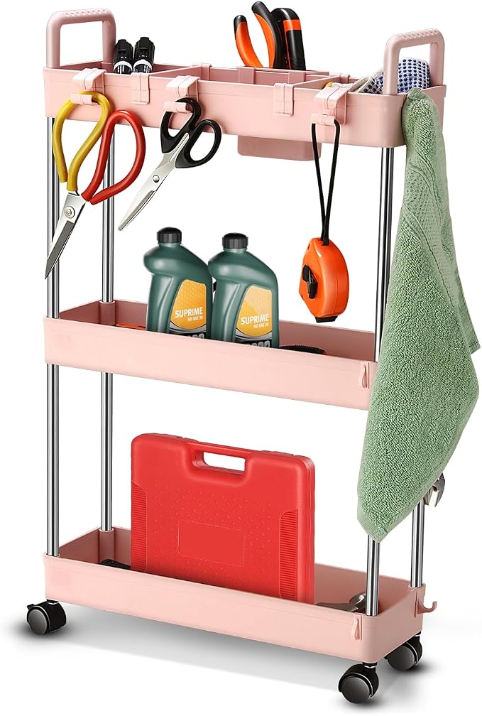 Auto Dynasty 3-Tier Rolling Utility Cart w/Handle, Narrow Storage, Pink | Sturdy Steel Frame, Smooth-Rolling Casters, Multifunctional Shelves, Space-Saving Slim Design, for Office/Kitchen/Bathroom by AutoDynasty