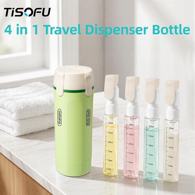 4 in 1 Travel Dispenser Bottle, Leak Proof Refillable Portable Toiletry Containers with Labels, Travel Size Bottles for Shampoo Conditioner Shower Gel, Suitable for Travel, Camping (Green) - Image 4