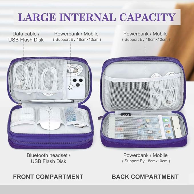 FYY Electronic Organizer, Travel Tech Pouch Bag, Large, Purple | Wrist Strap, Waterproof, Double Layers Portable Electronics Travel Carrying Case for Cord, Charger, Daily Business Trips Use - Image 3