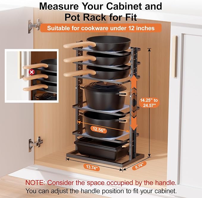 LAMU Pots and Pans Organizer for under Cabinet, 6-Tier Heavy Duty Pan Pot Organizers inside Cabinet Adjustable 14 to 24.57", Pot Rack Kitchen Cabinet Organization and Storage Holds up to 12" Cookware - Image 2