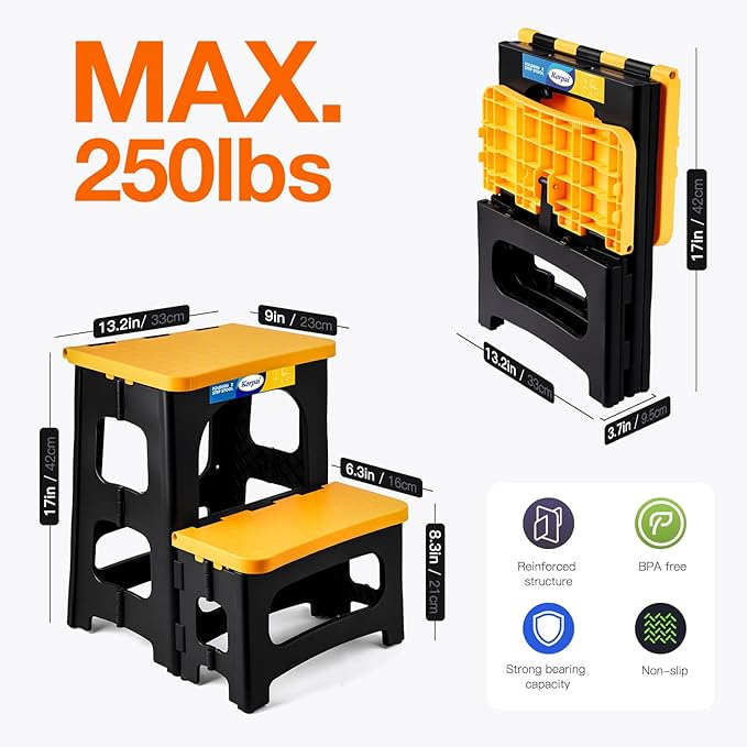 Korpai Folding 2 Step Stools,8" & 17" Dual Heights,Foldable Step Stool for Adults and Kids,Hold up to 250lbs,Collapsible Step Stool for Kitchen Bedroom Office Bathroom RV, Yellow - Image 2