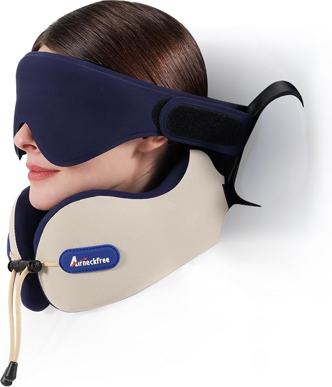 Travel Neck Pillow for Airplane,Memory Foam,3D Eye Mask | 360 Ergonomic Pillow Head Neck Chin Sleep Support Essentials for Traveling/Long-haul Light/Car/Train/Office/Home Beige by AirNeckFree
