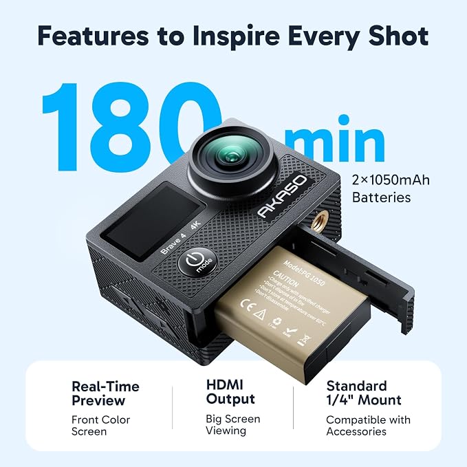 AKASO Brave 4 Action Camera 4K30fps with 64GB Micro SD Card Bundle | 20MP EIS WiFi 170° FOV 5X Zoom Waterproof Underwater Camera for Snorkel, Travel, Bicycle, Helmet, Motorcycle Accessories Kit - Image 8