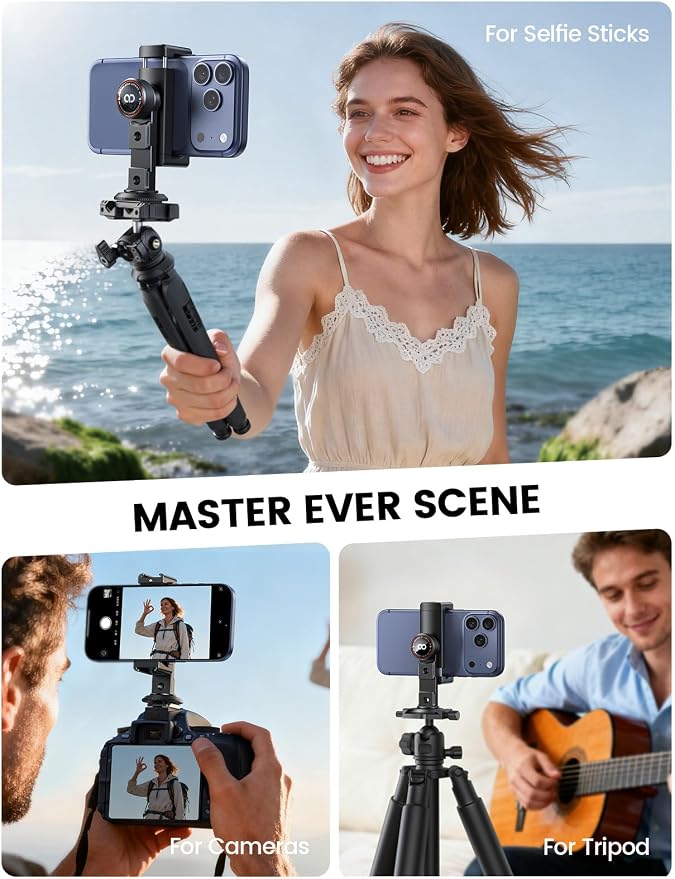 Lamicall Phone Tripod Mount Adapter with 3 Cold Shoes, Arca Port&1/4" Screw | Aluminum Alloy, Wider Clamp Camera Phone Holder 360° Phone Stand for Video Streaming Vlogging Rig for iPhone 17-5 Smartphone - Image 7