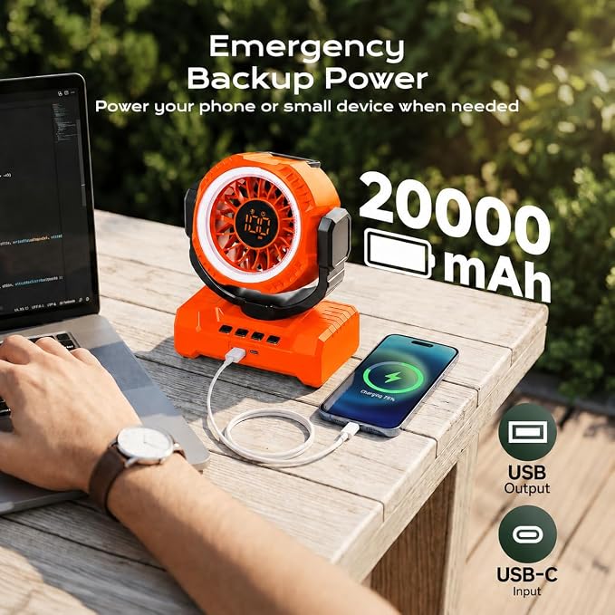 Portable Camping Fan 3-in-1, 20000mAh Rechargeable Fan with 1-100 Speeds | Auto-Oscillating Cordless Battery Powered Fan with 12H Timer, LED Lantern, Display, Gift for Men Women, Travel, Jobsite, Tent - Image 3