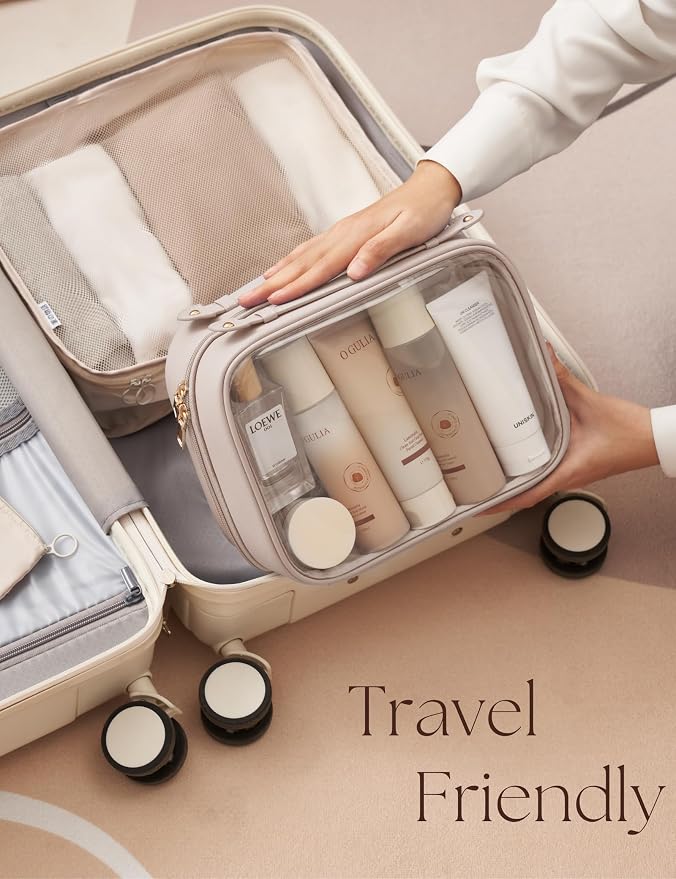 Clear Cosmetic Bag Double Layer Travel Toiletry Bag Clear Makeup Bag Case with 4 Compartments, Transparent Travel Bag for Toiletries, Large Toiletry Bag for Women Cosmetic Case (Taupe, Large) - Image 6