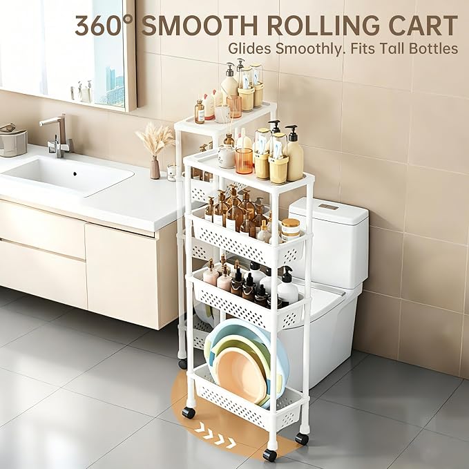 Slim 4 Tier Rolling Storage Cart Narrow Bathroom Organizer on Wheels White | 6.7" wide for tight bathroom/kitchen gaps, extra-tall tier, 360° casters, quick-dry shelves, tool-free storage rack - Image 5