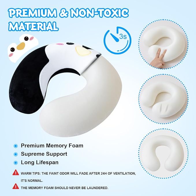 Cirorld Travel Pillow for Kids Adult Cute Neck Pillow for Traveling Memory Foam Airplane Pillow Sleep Mask Animal Flight Pillow Head Rest Neck Support for Cars Long Flights (Penguin, 9-12 Y/O) - Image 4