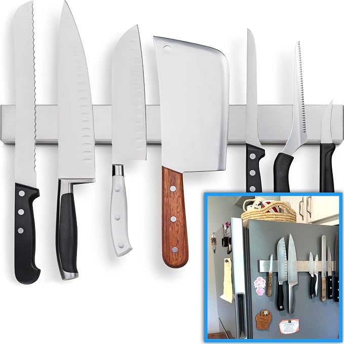17" Premium Magnetic Knife Holder for Refrigerator (Double-Sided Heavy-Duty Magnets) - Upgraded Strip for Strong Fridge Mount - Clear Up Counter Space - 304 Anti-Rust Stainless Steel (Upgraded Design) by HMmagnets