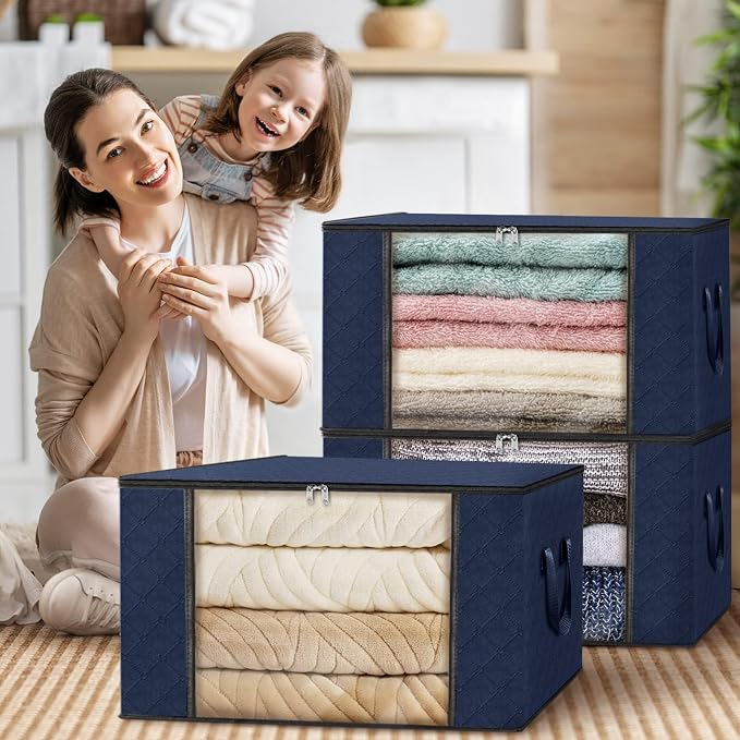 3 Pack Storage Bags for Clothes Blanket Storage Bins with Lids | Foldable Closet Organizers with Zippers,Window and Handles,Fabric Storage Bins for Sweater,Comforter,Bedding,Dorm essentials - Image 7