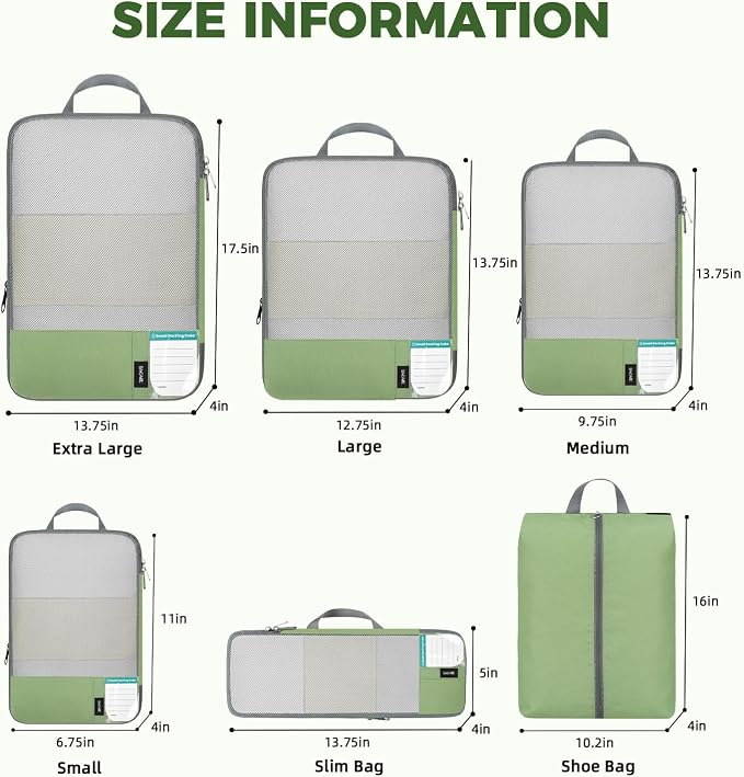 BAGAIL Lightweight Compression Packing Cubes for Travel, 6 Set,Matcha Green | Salis Nylon Fabric,Anti-Tearing,Save Space,SBS Zippers,Packing List,PVC Tag Pocket,Custom Labels,Visible Mesh,Portable Handel - Image 5