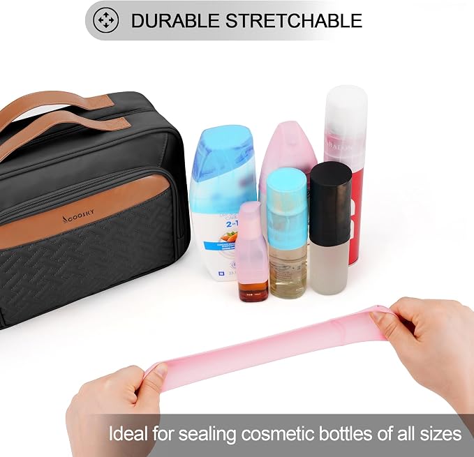 Travel Hanging Toiletry Bag for Women, Large Makeup Bag 8 Leak Proofing Silicone Bottle Covers, Waterproof Cosmetic Bag with Jewelry Organizer Compartment, Toiletries Kit Set, Black - Image 2
