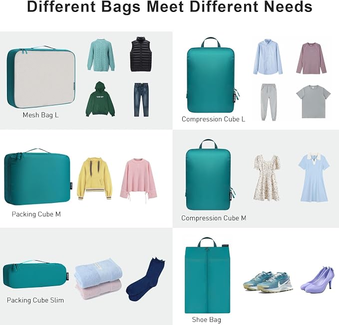 Bagail Ultralight Compression Cubes 7 Set - 3 Packing Cubes, 3 Organizers, and 1 Shoe Bag - Image 4