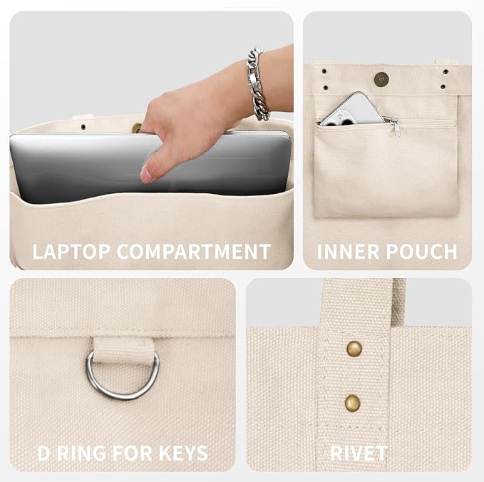 HOMESPON Large Canvas Tote Bag, Magnetic Work Laptop Pack for Women | Everything Bag, Multi Pockets, Internal Laptop Sleeve - Image 6
