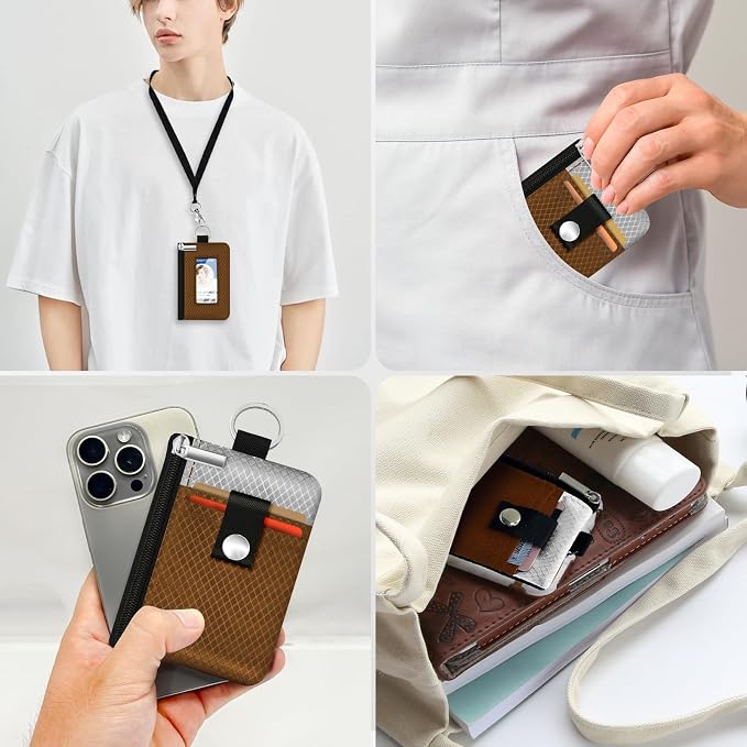 Minimalist RFID Blocking Small Wallet with ID Window,WaterResistant Zip Id Case Wallet with Lanyard Keychain for Cards,Cash,Travel,Women,Men (Brown/Light Grey) - Image 9
