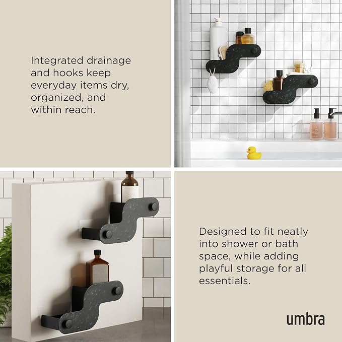 Umbra Nami Shower Caddy, Adhesive No Drill Bathroom, Set of 2, Ocean Black | Waterproof construction, integrated drainage, rust-free, holds 6 lbs - Image 4