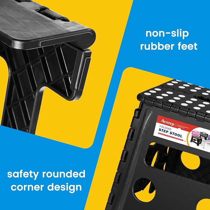 13 Inch Folding Step Stool, Non-Slip Surface for Adults/Kids, Black | Collapsible Heavy Duty Foldable Stools, Portable Foot Stepping Stool Holds 300 lb, Kitchen Bathroom Outdoor, with Handle - Image 6
