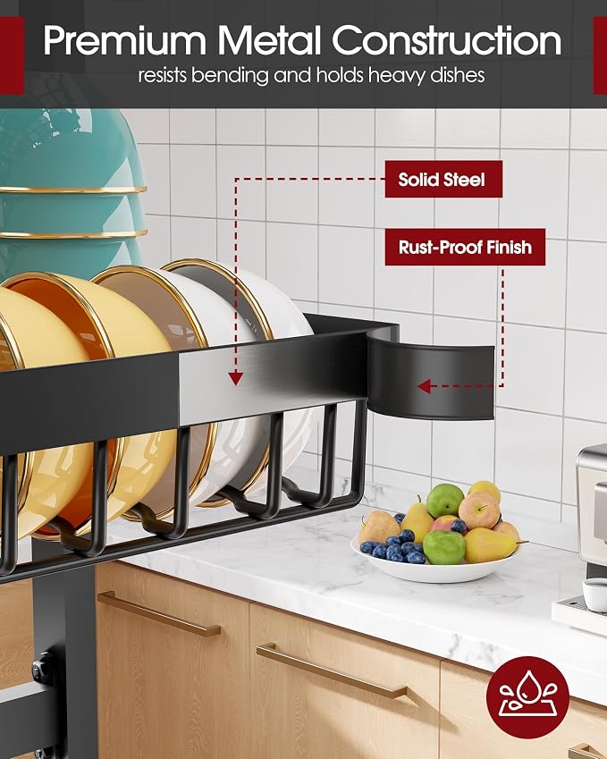 Sakugi Over The Sink Dish Drying Rack - Adjustable 3 Tier XX-Large Capacity Stainless Steel Drainer with Cutlery & Utensil Holders, Kitchen Storage & Organization, 31.5"-39.5"L x 12"W x 30.5"H, Black - Image 5