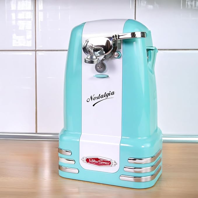 Nostalgia Retro Electric Can Opener for Kitchen with Magnetic Lid Remover, Knife Sharpener, and Soda or Beer Bottle Opener, Aqua - Image 6