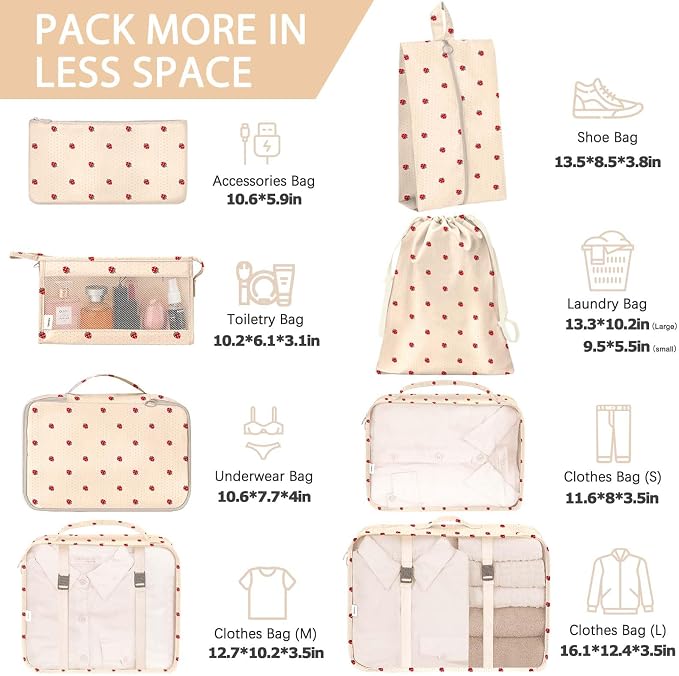 KPX 8 Set Packing Cubes for Travel, Luggage Packing Organizers Accessories Large Toiletries Bag for Clothes Shoes Cosmetics (8Set-Beige Strawberry) - Image 2