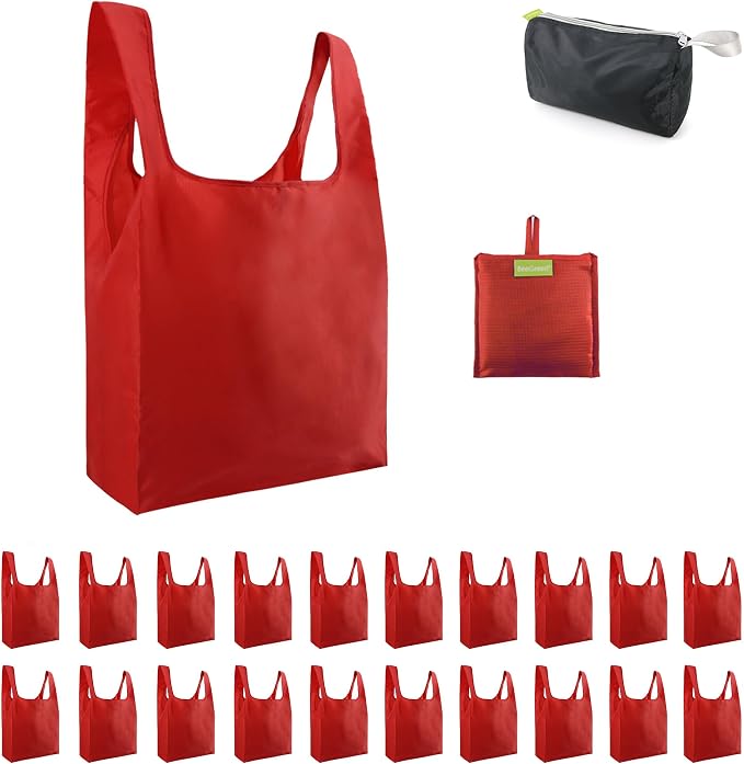 BeeGreen Christmas Red Reusable Shopping Bags Wholesale Reusable Grocery Bags Bulk Foldable-Machine Washable with Zipper Storage Pouch 20 Pieces by BeeGreen