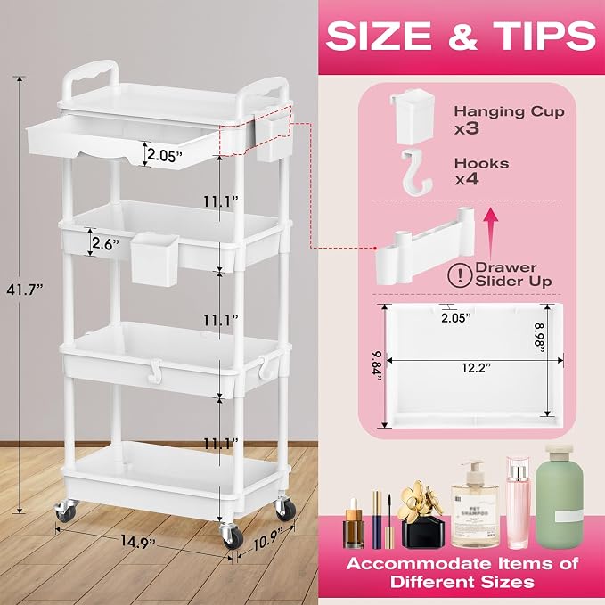 Goovilla Rolling Makeup Organizer Cart with Removable Drawer, 4 Tier White | Stable Floor Skincare Storage Cart for Vanity, Cosmetic Display, Nail Polish, Perfume, Hair Stuff, Beauty, Bathroom(Plastic) - Image 2
