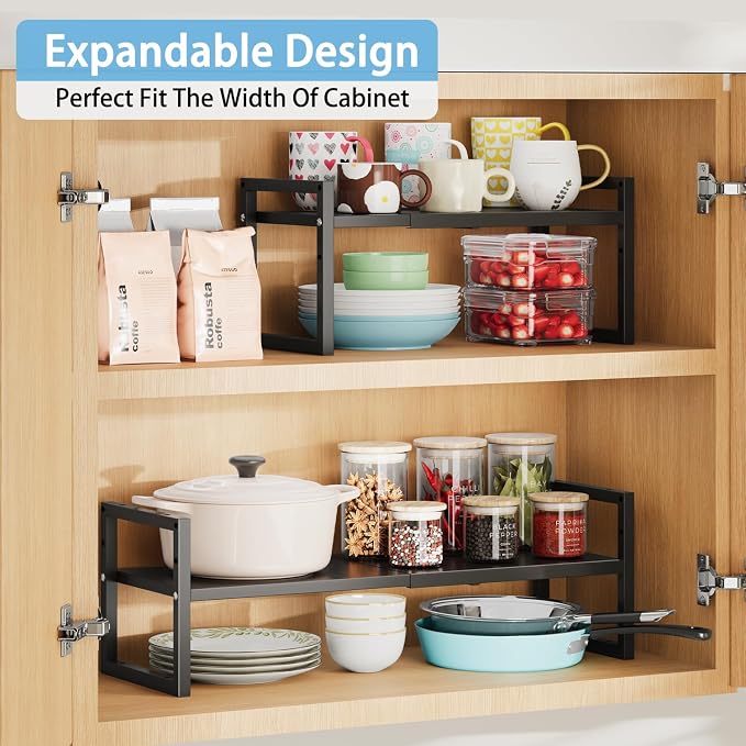 2 Pack Expandable Kitchen Cabinet Shelves Organizer,Heavy Duty Metal Shelving Units and Storage,Stackable Adjustable Kitchen Storage Organization Shelves Rack for Counter Cupboard Pantry,Length:20.5" - Image 3