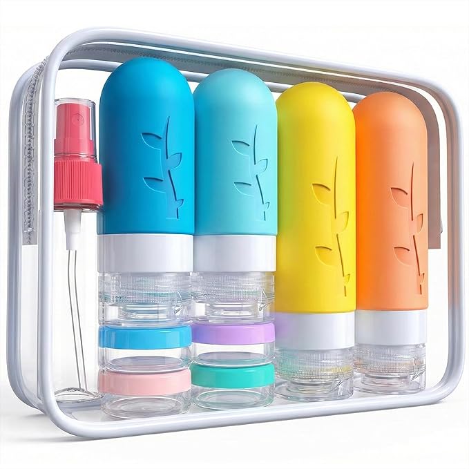 DEPOZA Travel Bottles Kit (16 Pack) - TSA Approved, Leak Proof Silicone Squeezable Containers for Toiletries. Complete Set with Jars, Sprayers & Bag (White) by TravelingisaspiritualpracticeDepozawillaccompanyyouonyourspiritualpath