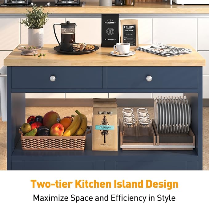knoworld Rolling Kitchen Island with Storage Cabinet, 35.4'' Width Kitchen Cart, 2 Drawers Island Table, Portable Mobile Kitchen Island with Towel Rack, Wood Top and Lockable Wheels, Blue - Image 5