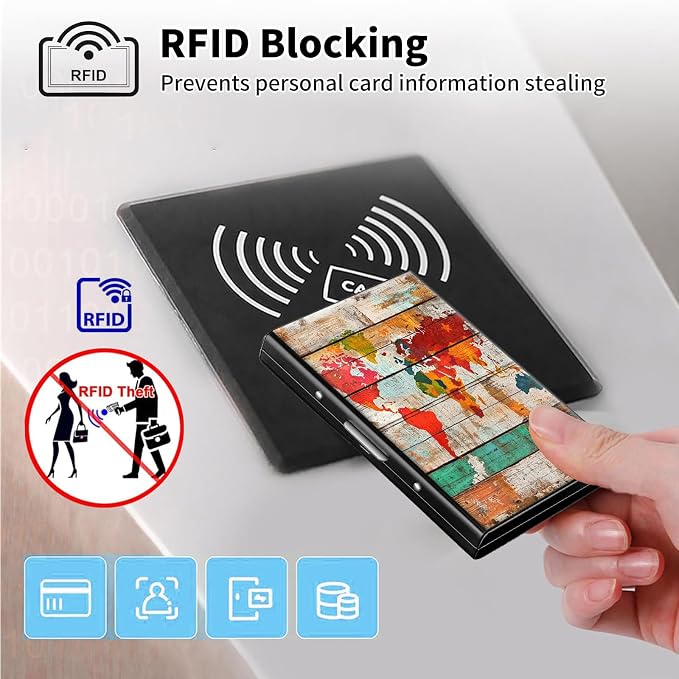 Metal Wallet,Credit Card Holder for Women Men,RFID Blocking Card Holder Wallet Mini Slim Aluminum Wallet ID Case Hard Card Case Business Card Holder Case,Retro Wood World - Image 3