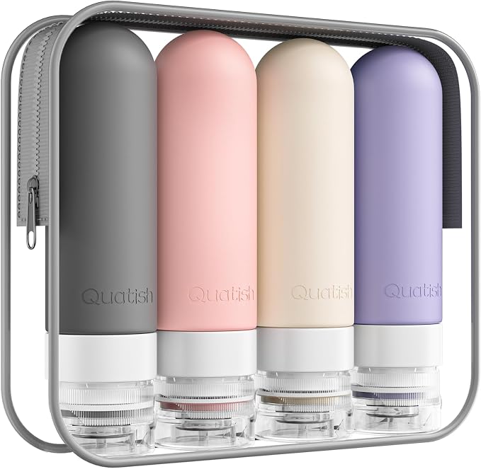Quatish Travel Bottles for Toiletries, Original Patented Leak Proof Travel Size Containers, 3 oz Tsa Approved Silicone Shampoo and Conditioner Bottles, 4 Pack, Dusty Pink by Quatish