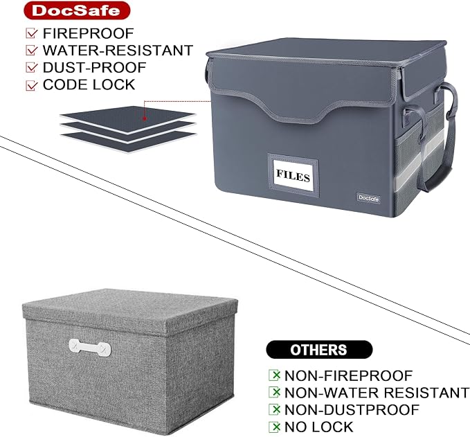 DocSafe Fireproof Document Box with Lock,File Storage Organizer with Zipper Pockets,Collapsible Portable File Box Home Office Safe Filing Cabinet with Handle for Hanging Letter/Legal Folders,Gray - Image 6