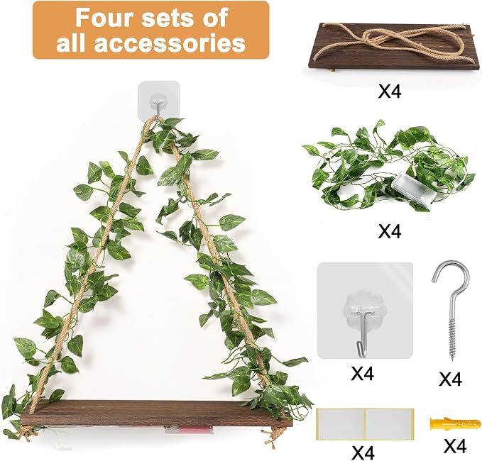 VZZNN 4 Pack Floating Shelves for Wall No Drilling - Rustic Command Shelves with Adhesive Strip or Screw Mount, Decorative Wall Shelf for Bedroom & Room Storage - Image 6