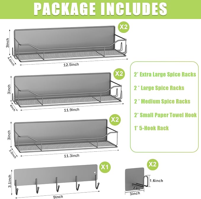 Magnetic Spice Rack for Refrigerator, 9 Pack Magnetic Fridge Shelves W/Adjustable Paper Towel Holder, Hook Rack, Moveable Spice Organizer Shelf for Kitchen Organization and Storage (Grey) - Image 2