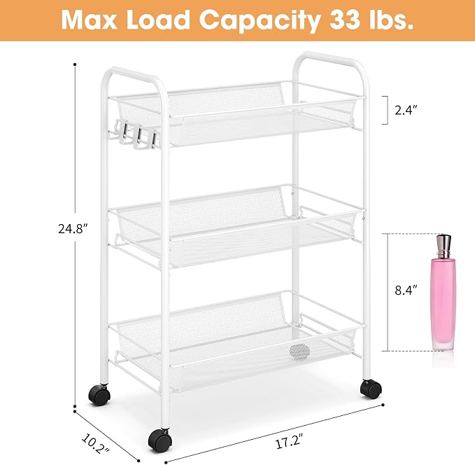 TOOLF 3 Tier Rolling Cart, Metal Utility Storage Cart with Wheels, White | 3 Hooks, Screwless Assembly, Trolley Organizer for Bathroom, Kitchen, Office, Nursery, Dorm, Laundry Room - Image 6