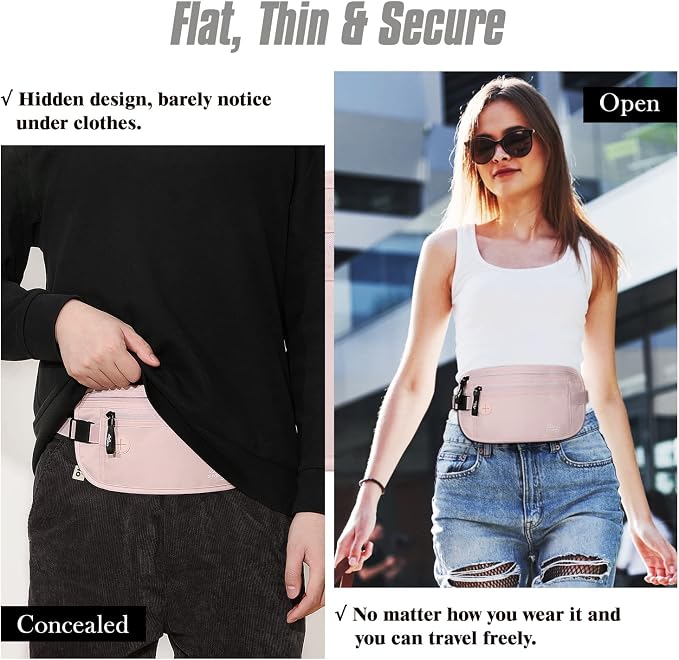 MoKo Travel Money Belt with RFID Blocking, Hidden Slim Wallet, Pink | Ultra-thin, breathable design fits discreetly under clothing; adjustable elastic belt fits 24-38 in waists. - Image 4