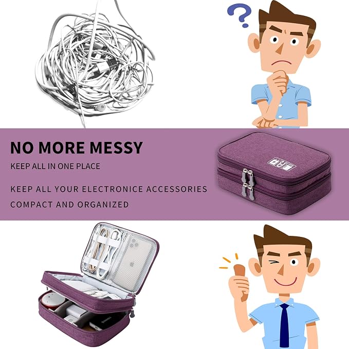 Lanola Travel Cable Organizer Bag, Electronic Accessories Case Portable Double Layer Cable Storage Bag for Cord, Charger, Flash Drive, Phone, SD Card,Personal Items - (Purple) - Image 6