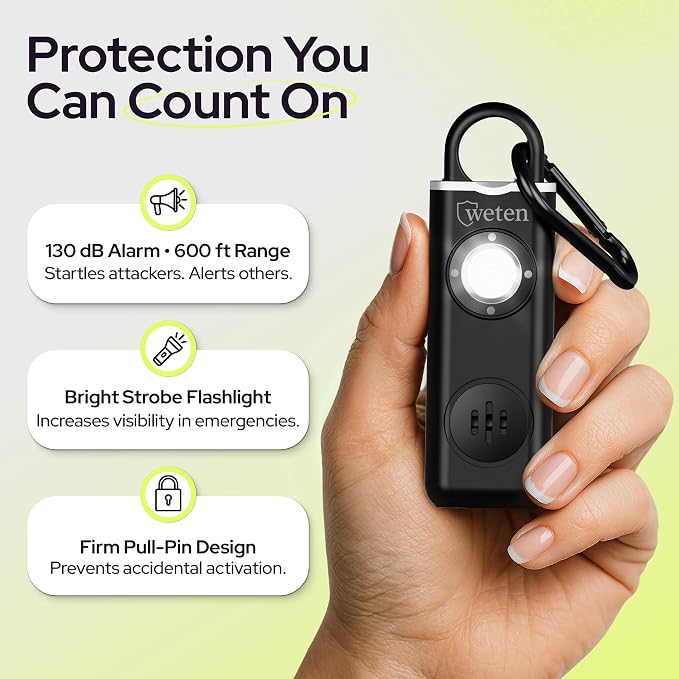 Rechargeable Personal Safety Alarm Keychain, 130dB, USB-C Charging, Black | Low Battery Alert, Carabiner Clip, LED Light, Pin Activated, Self Defense Panic Siren for Women - Image 2