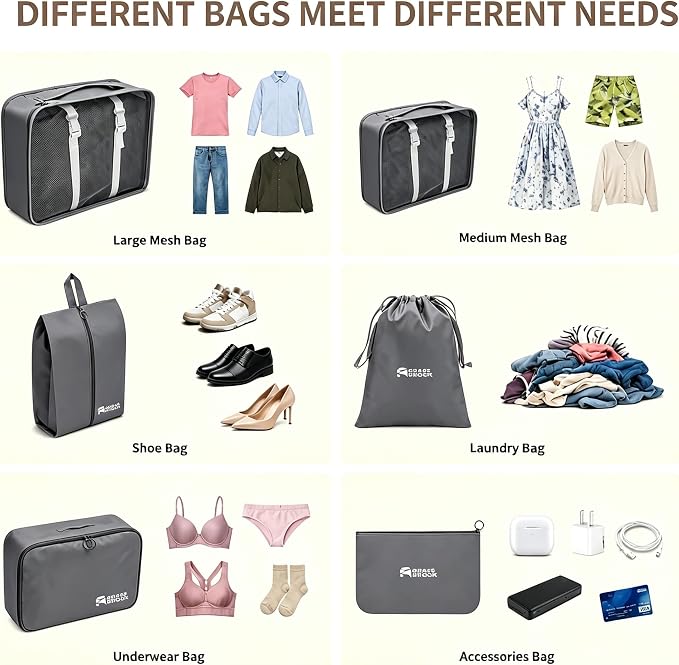 6 Set Packing Cubes, Luggage Packing Organizers for Travel Accessories, Carry on Suitcase Organizer Bags, Travel Essentials Luggage Accessories for Cruise Ship (Gray) - Image 3