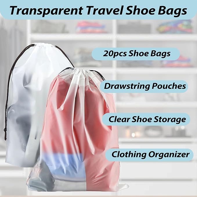 20PCS Transparent Travel Shoe Bags, Large 15.7x11.8 Inch Waterproof Drawstring Pouches, Clear Shoe Storage for Suitcase, Travel, Moving and Clothing Organizer for Men Women, Clear, Transparent - Image 2