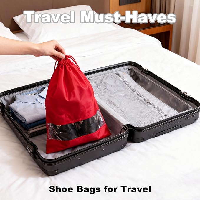 20 Pack Shoe Bags for Travel, 17" x 12.6" Drawstring Shoe Organizers with Clear Window, Breathable Non-Woven Dustproof Pouches for Luggage & Closet (Red) - Image 4