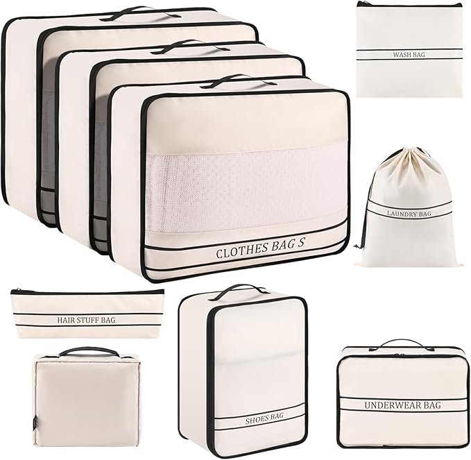 9 Set Packing Cubes Luggage Packing Organizers for Travel Accessories Space Saving Travel Bags for Carry On, Lightweight Mesh Zipper, Clothes, Shoes, Laundry and Shoe Bag, Suitcases (Cream) by Ougrand