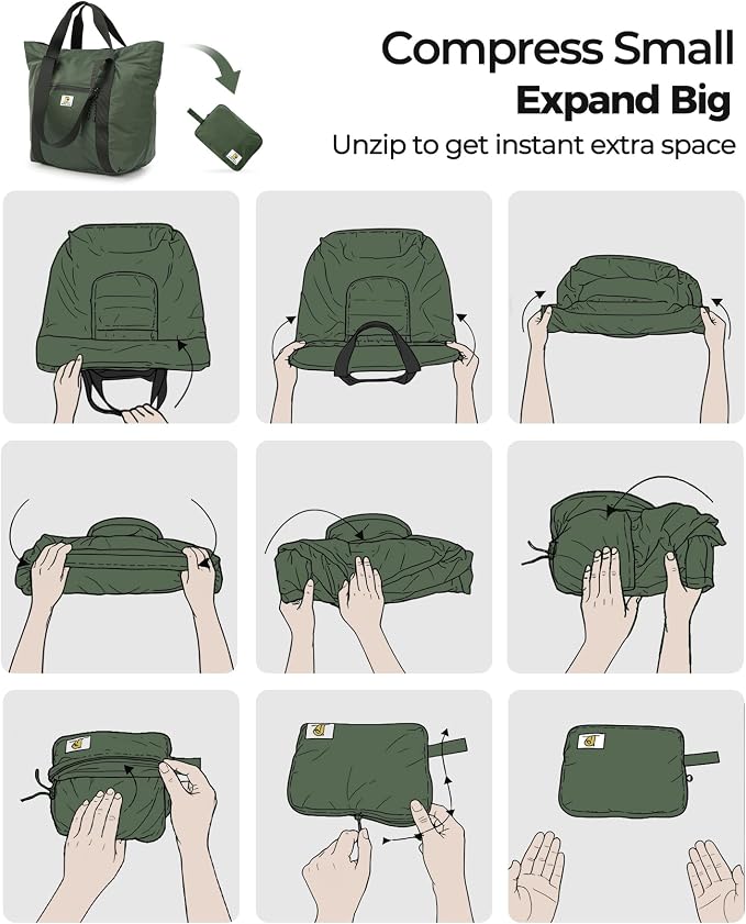 Foldable Travel Bag, 26L Duffle Bag for Travel, Expandable Second Carry-On Bag for Travel & Shopping, Water-Resistant Personal Item Bag, Dark Olive - Image 5