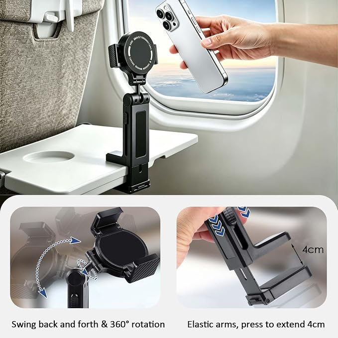 Airplane Travel Essentials Phone Holder for Desk,Magnetic Phone Holder with Clip, 360° Rotation, Travel Essential Mount for Airplane for Airplane, Travel Must Haves Phone Stand for Desk, Tray Table - Image 2