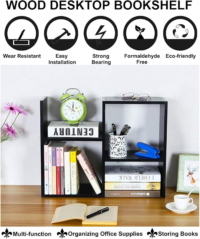Desktop Shelf Freestanding Wooden Small Bookshelf Desk Supplies Organizers and Accessories Storage Display Rack Office Dorm Decor for Women, Black - Image 5