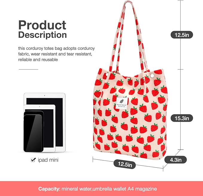 LHMTQVK Corduroy Tote Bags for Women, Large Capacity Tote Purse Reusable Grocery Shoulder Bag with Inner Pockets - Image 3
