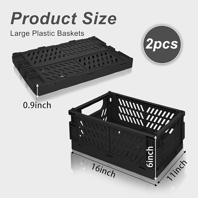 2 Pack Mini Foldable Small Plastic Baskets for Organizing and Storage，Collapsible Storage Crates,Mini Bins for Home Kitchen Bedroom Bathroom Office (Black, Extra Large 16x11x6) - Image 2