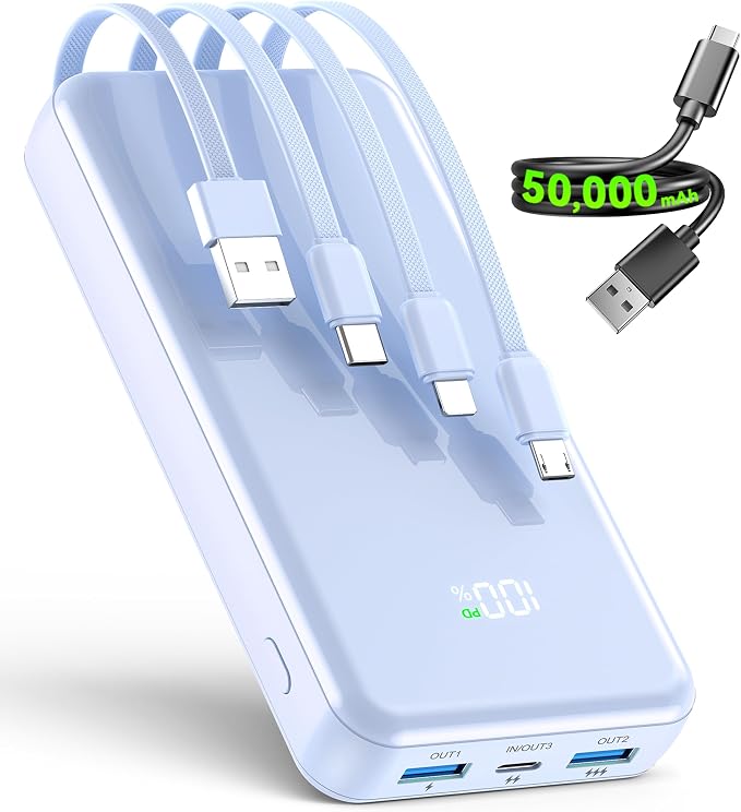 YILANS Portable Charger 50000mAh, 22.5W Power Bank with Built-in 4 Cables | Charges 6 Devices, Fast Charging Travel Essential, External Battery Phone Pack for iPhone 17-12, for Samsung/Android/iPad by YILANS